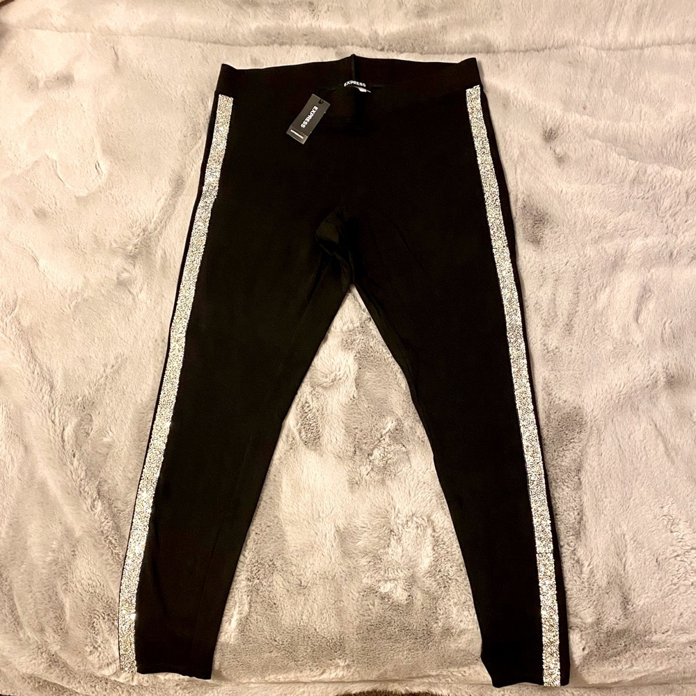 Express Women’s Medium High Waisted Embellished Side Stripe Black Legging